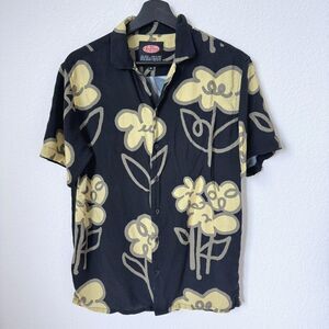 Petals Peacocks Shirt Men Medium Black Rayon Hawaiian Tiki Hula‎ Luau Batik Camp